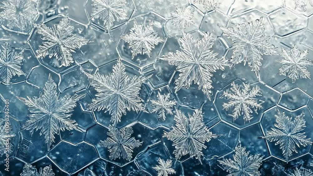 Poster snowflakes arranged in a precise, hexagonal grid on a frosty window, creating a natural geometric pa