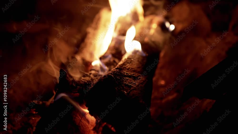 Aufkleber close-up of a burning log in the fireplace. the log is enveloped in bright orange flames, creating a