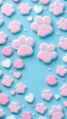 Scattered pink and white cat paws on a blue background illustration showcasing playful and whimsical design