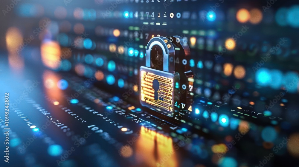 Poster a digital padlock symbolizes cybersecurity amidst flowing binary data.
