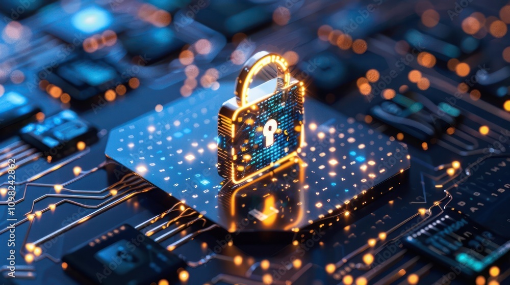 Poster digital lock symbolizing cybersecurity on a circuit board background.