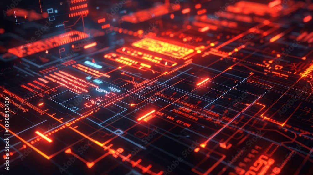 Poster abstract digital interface with glowing red and blue circuitry elements.