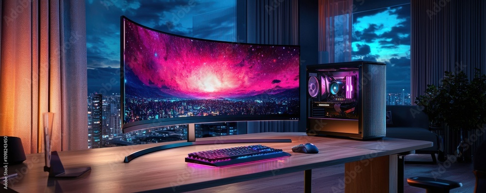 Poster elegant gaming setup with curved monitor and modern computer.