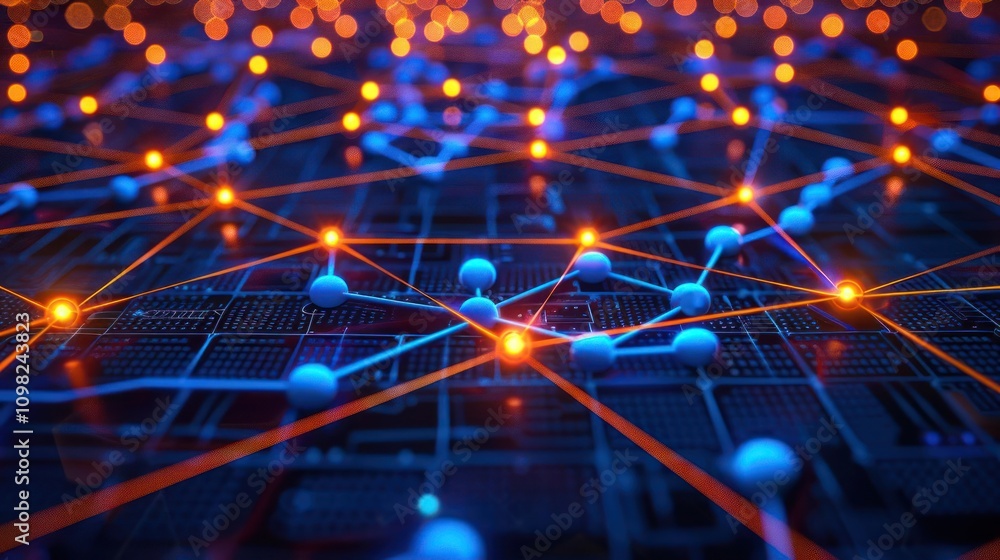 Aufkleber a digital network representation with nodes and connections illuminated in blue and orange.