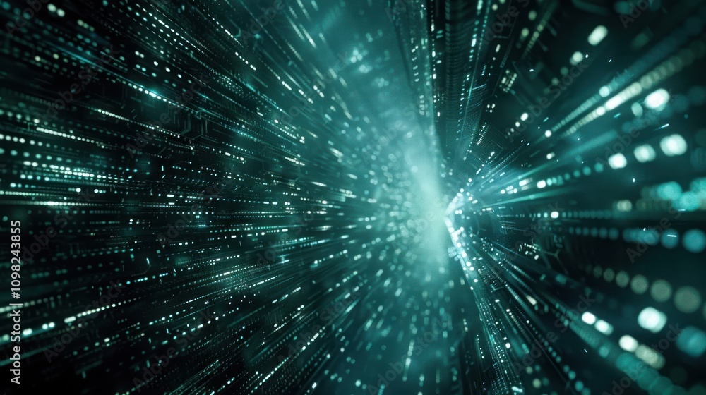 Poster a futuristic digital landscape with beams of light and data streams.