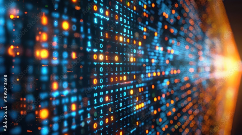 Poster abstract digital landscape with glowing data patterns and vibrant colors.