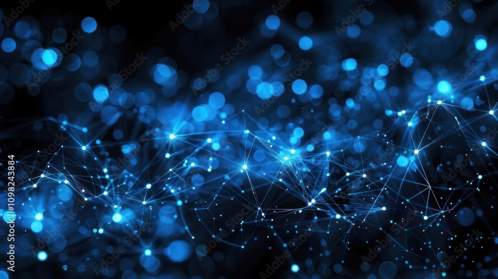 Poster abstract blue network with glowing dots and lines, representing technology and connectivity.