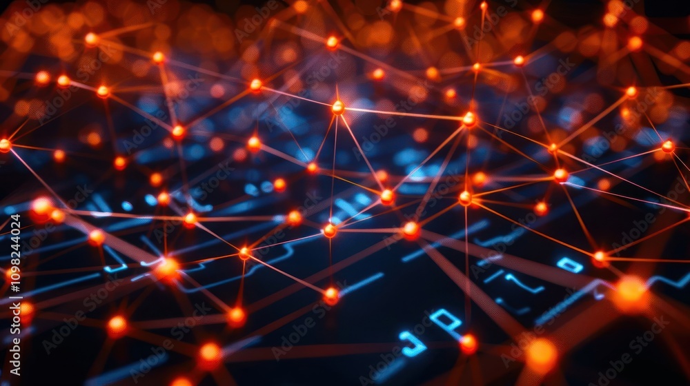 Poster a digital network visualization with glowing nodes and connections against a dark background.