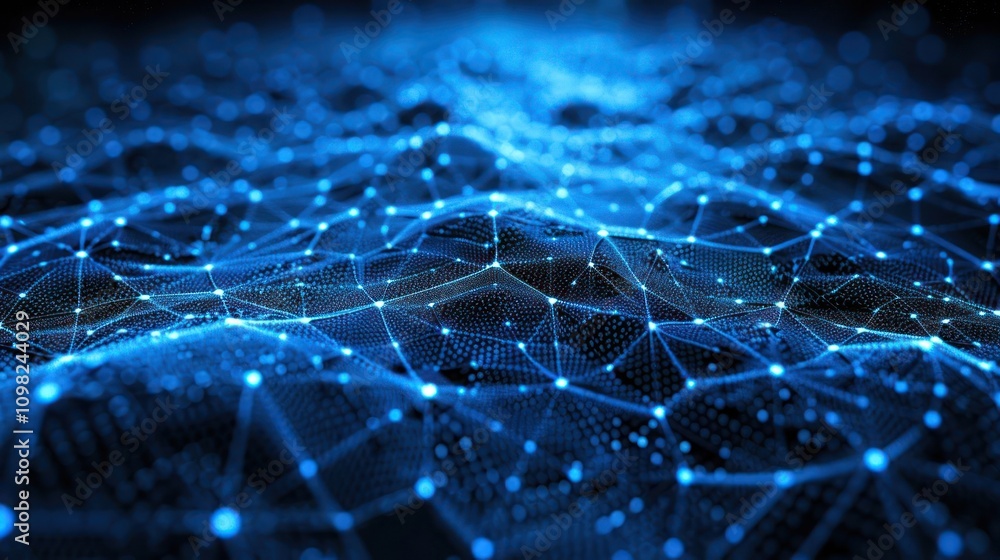 Poster abstract digital landscape with interconnected nodes and glowing lines.
