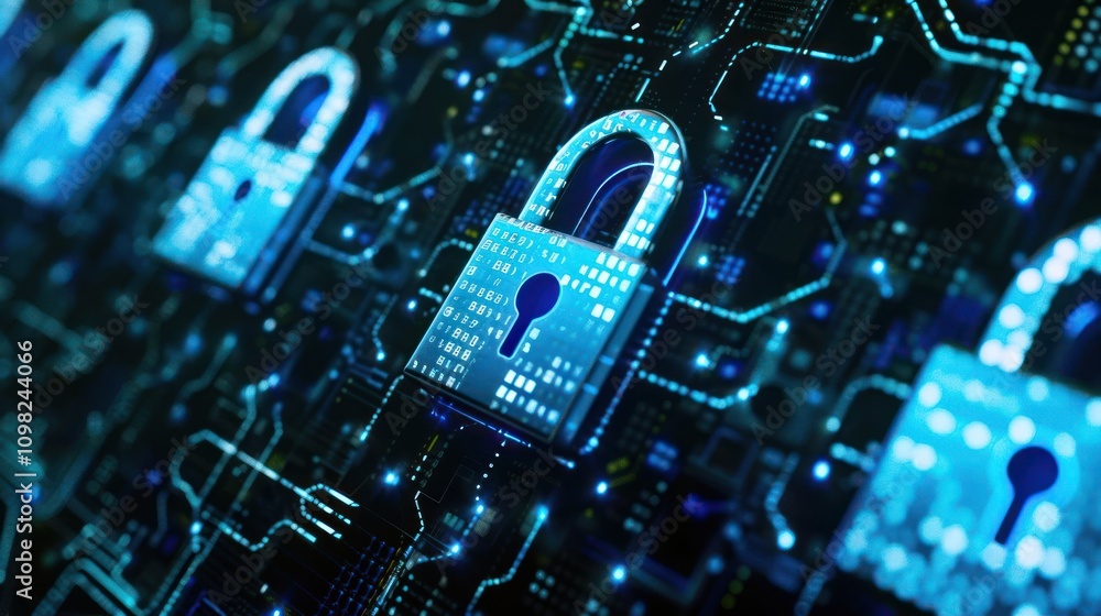 Aufkleber digital locks on a circuit board background, symbolizing cybersecurity and data protection.