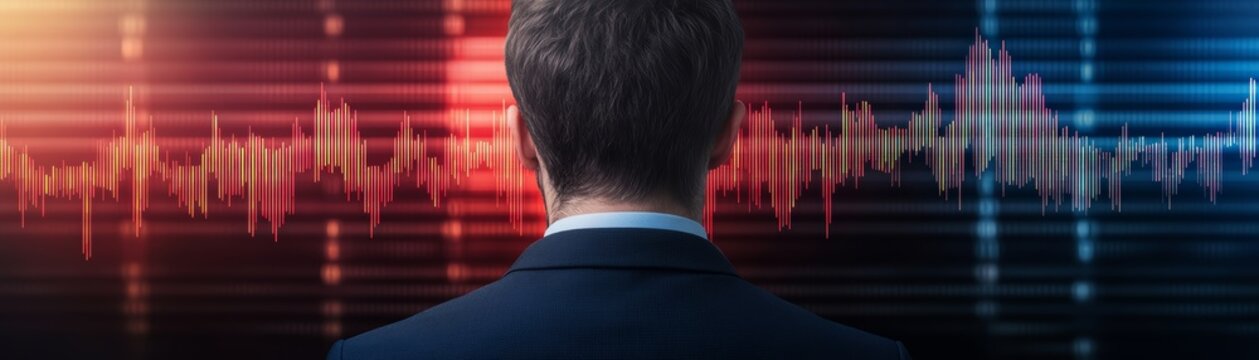 Businessman exploring sound wave visualization for data analysis and insights