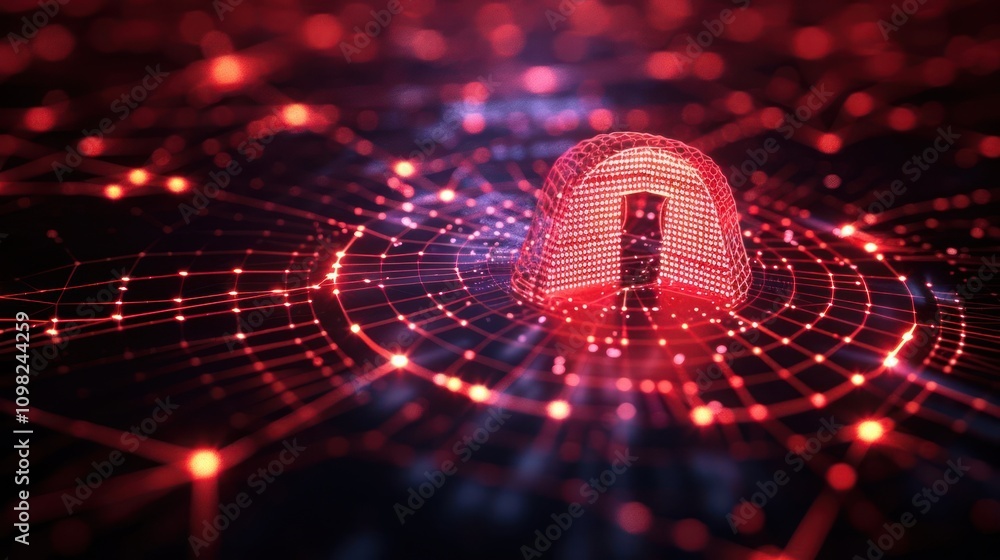 Poster abstract representation of cybersecurity with a glowing lock in a network of connections.
