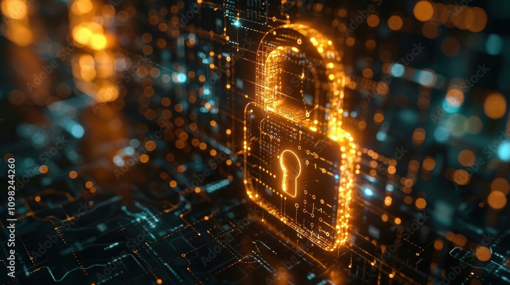 Poster a glowing digital padlock symbolizing cybersecurity and data protection in a tech environment.
