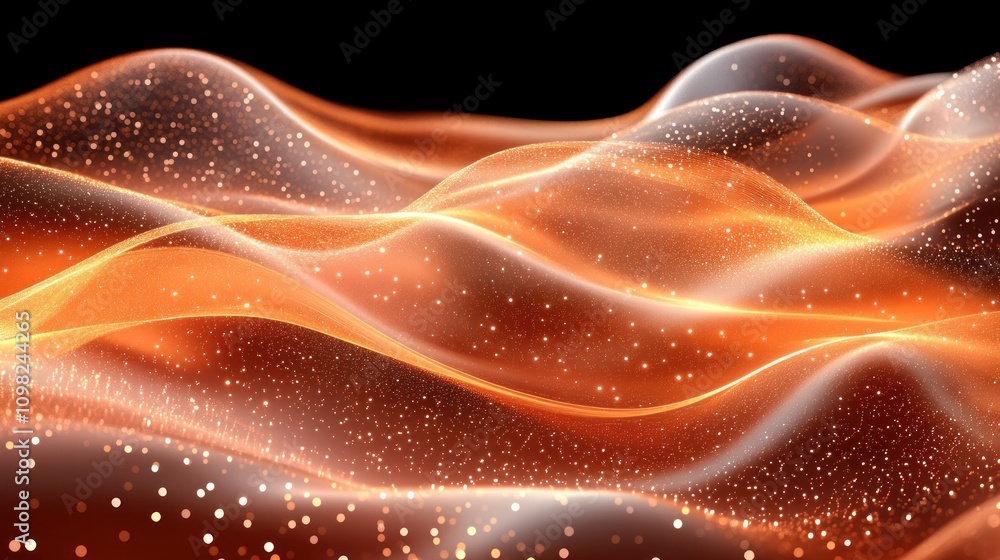 Poster abstract orange glowing waves with sparkling particles.