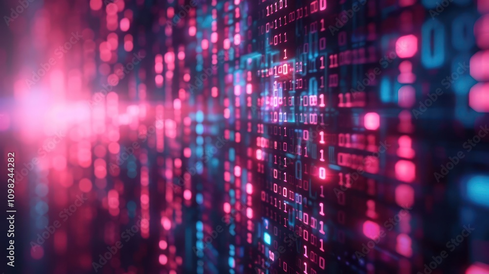 Poster abstract digital representation of binary data in vibrant colors.