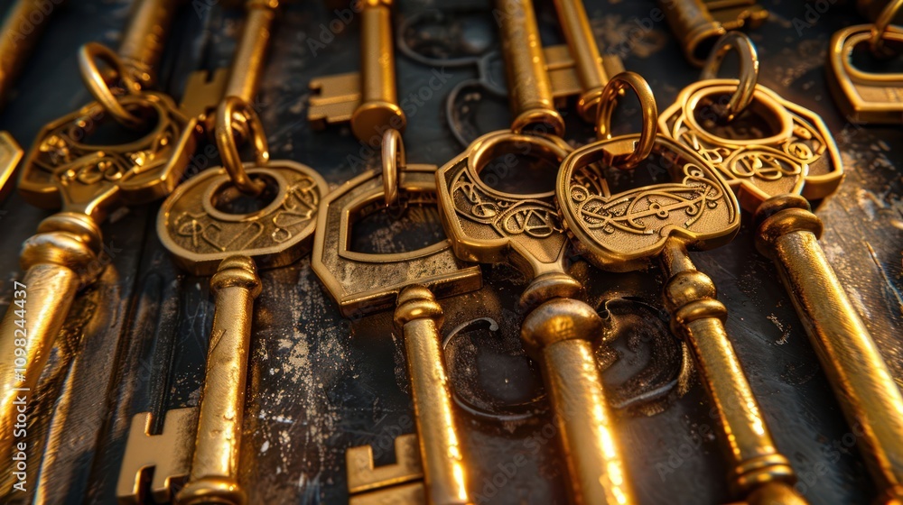 Poster a close-up view of ornate golden keys arranged on a textured surface.