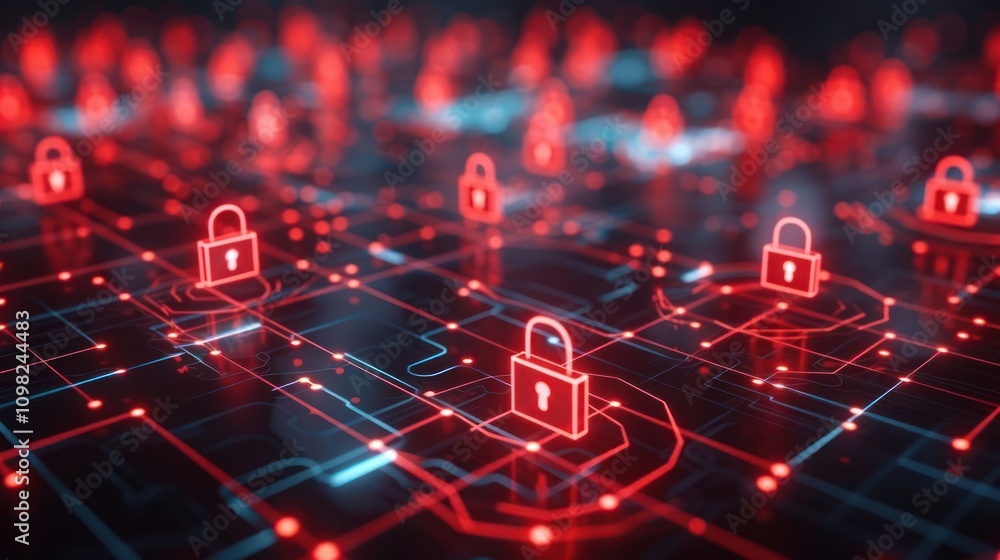 Aufkleber a digital network featuring red padlock icons symbolizing cybersecurity and data protection.