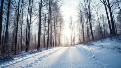 A snowy path winds through a forest of bare trees, sunlight filtering through the branches, creating a serene and tranquil winter scene.