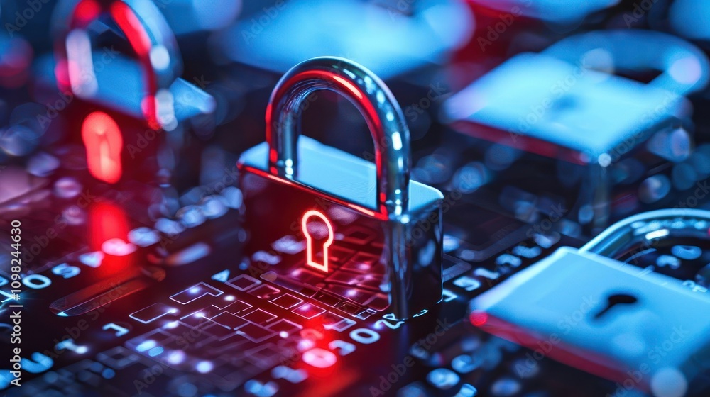 Poster a digital lock on a circuit board, symbolizing cybersecurity and data protection.