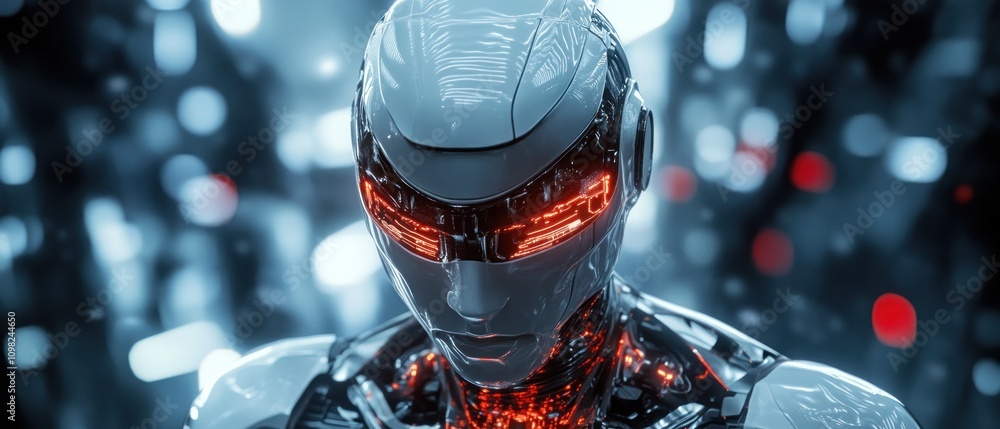 Poster a futuristic humanoid robot with glowing features in a high-tech environment.