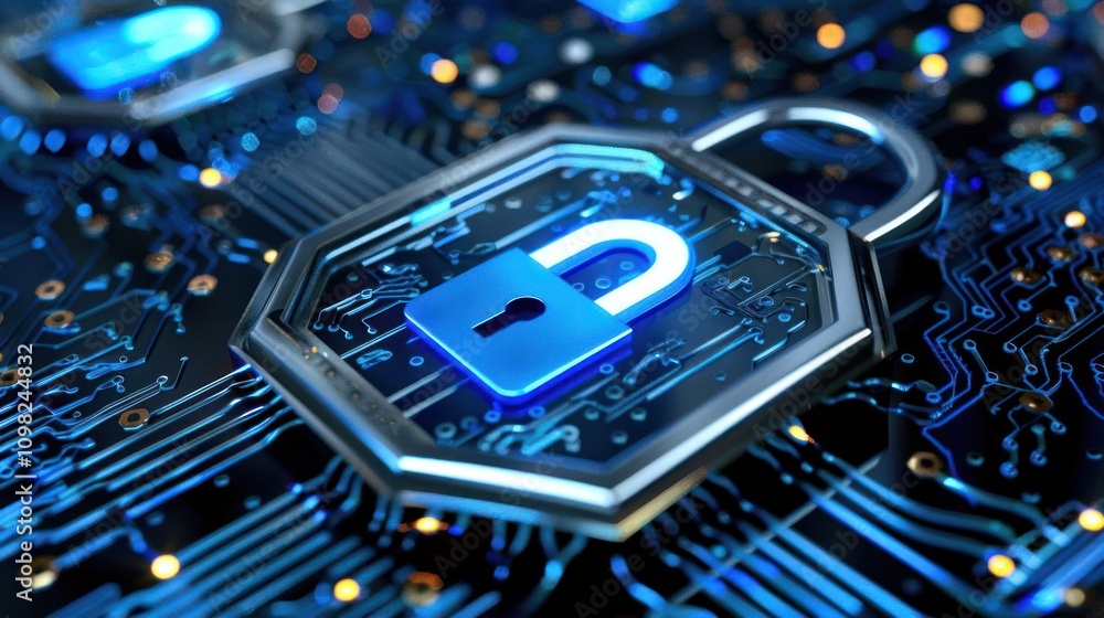 Poster a digital padlock on a circuit board, symbolizing cybersecurity and data protection.