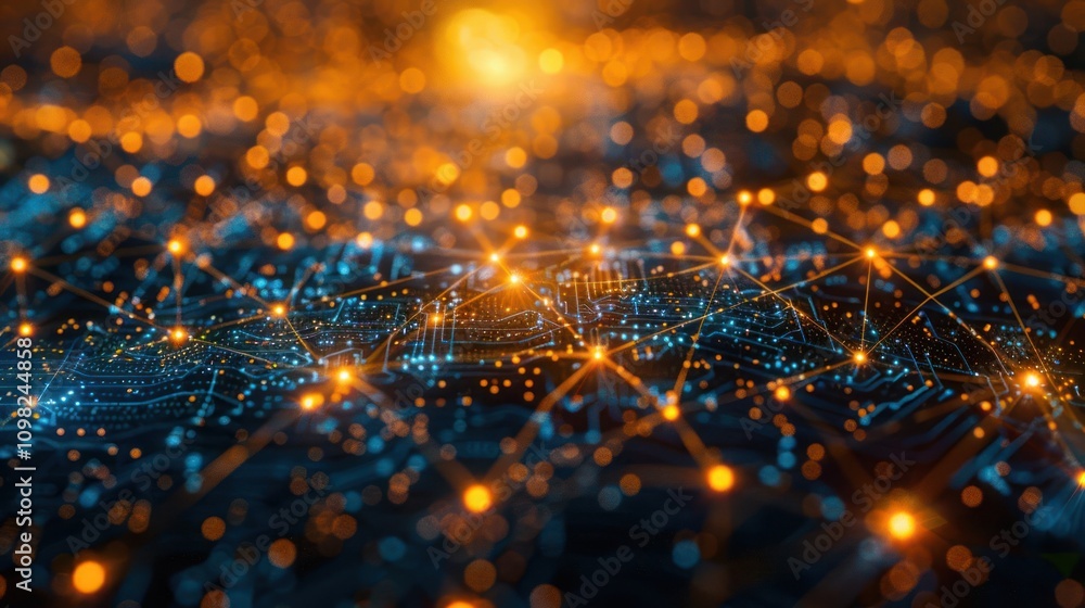 Poster a digital representation of interconnected nodes and networks in a vibrant, abstract style.