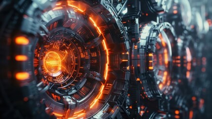 Obraz premium A futuristic, glowing machinery with intricate details and vibrant orange accents.