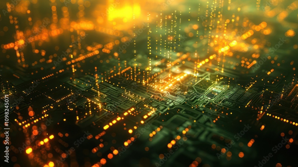 Poster abstract digital landscape with glowing circuits and data streams.