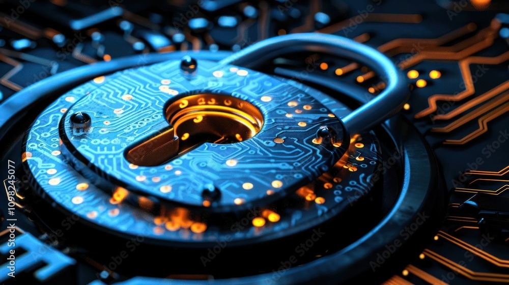 Poster a digital padlock on a circuit board, symbolizing cybersecurity and data protection.