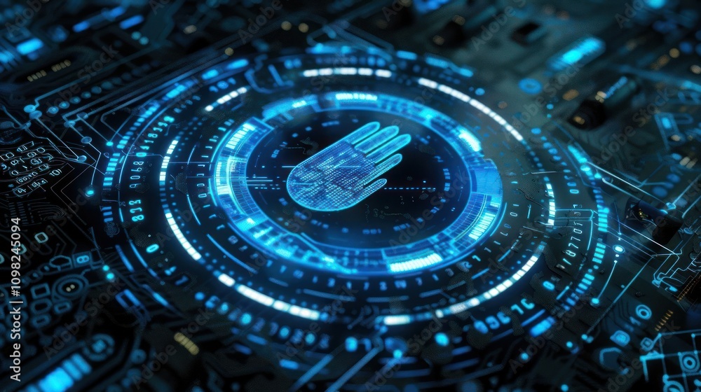 Poster a digital interface displaying a handprint, symbolizing biometric security technology.