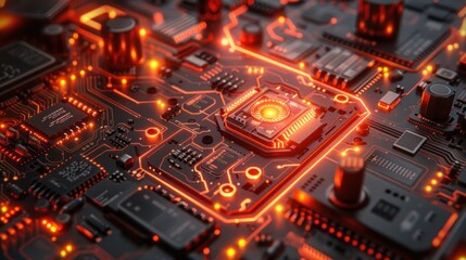 Fototapeta premium A close-up of a circuit board with glowing elements, illustrating advanced technology.