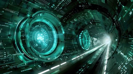 Obraz premium A futuristic tunnel with glowing elements and digital motifs, suggesting advanced technology.