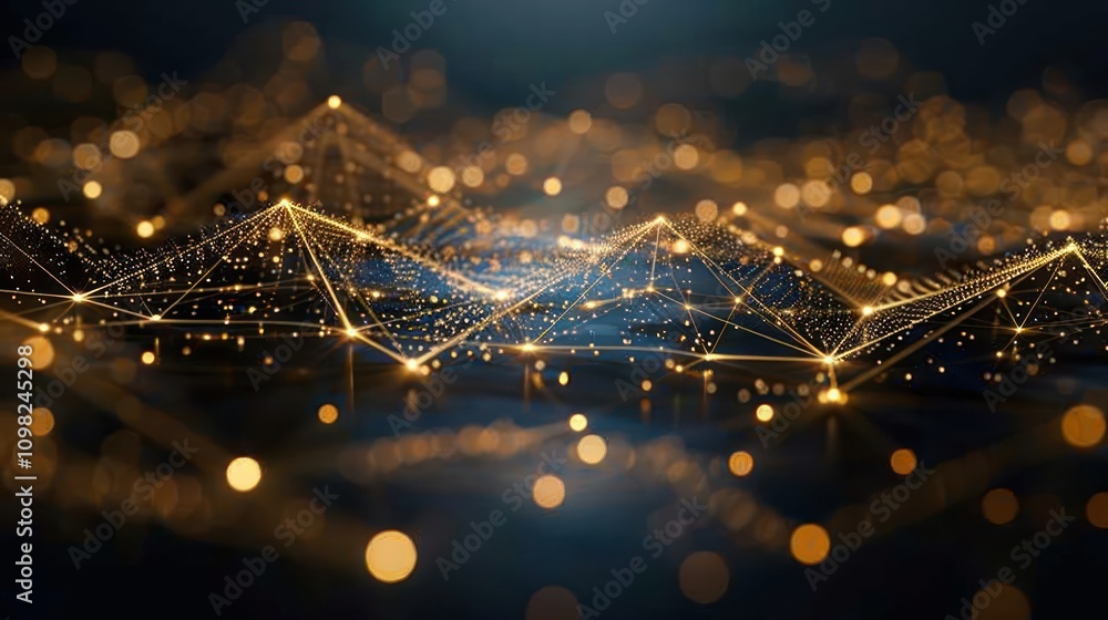 Poster abstract digital landscape with glowing lines and dots representing data connections.