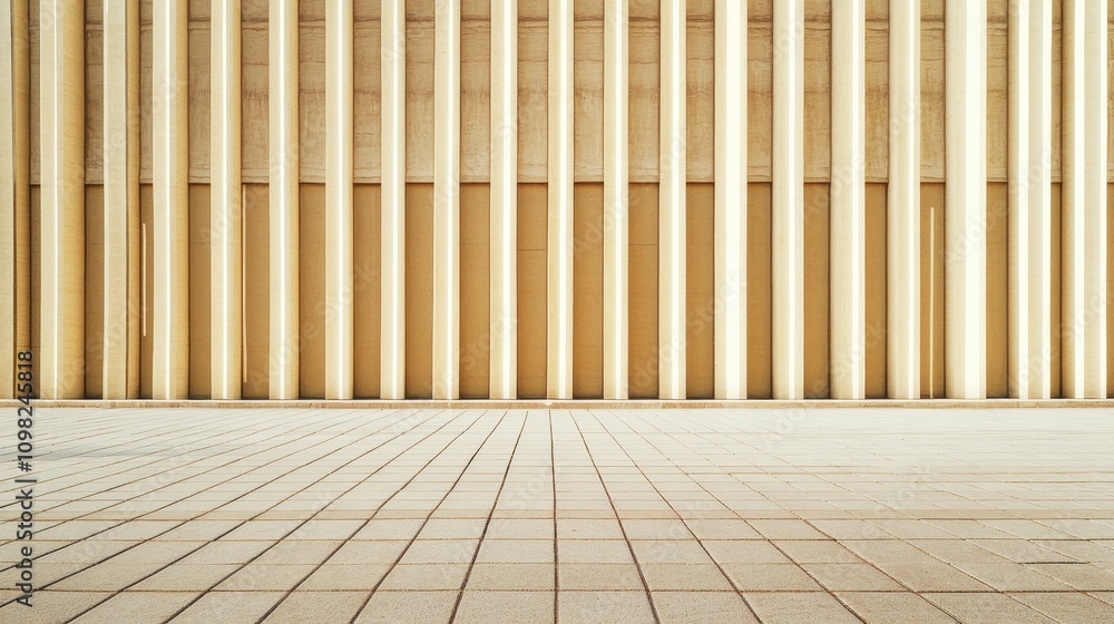 Poster a minimalist architectural facade with vertical columns and a tiled ground.