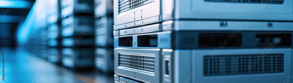 Poster close-up of server racks in a modern data center environment.