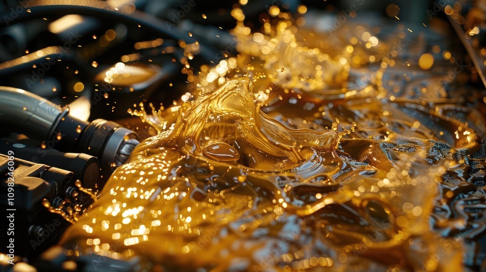 Poster close-up of engine oil splashing, highlighting fluid dynamics and mechanical components.