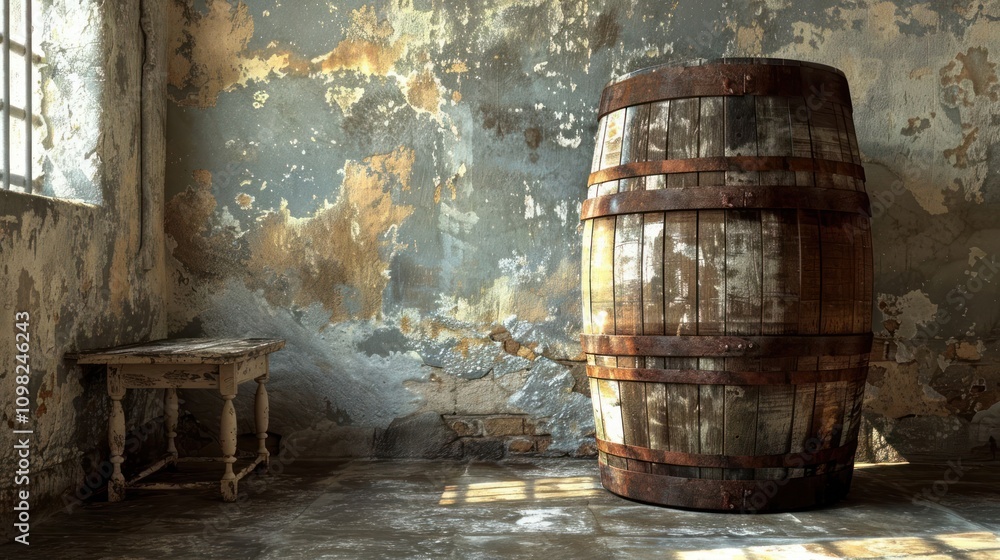Poster a rustic barrel stands in a weathered room with peeling walls and a simple table.