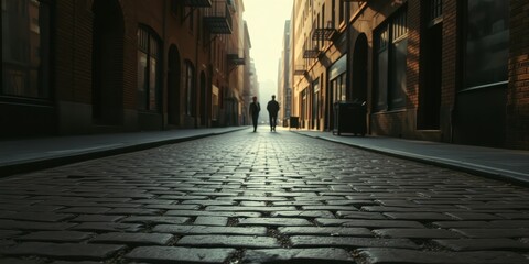 Cobblestone Pathway Leading Towards Two Figures Walking into the Sunlight in a Narrow City Street