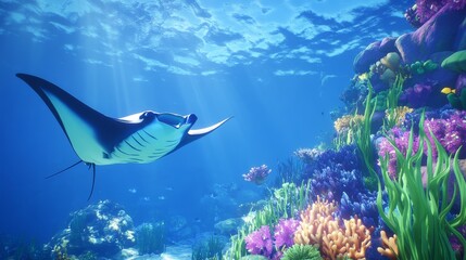 Fototapeta premium A manta ray glides gracefully through a vibrant coral reef underwater scene.