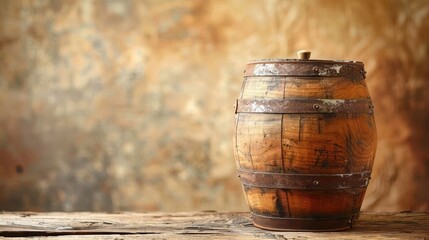 Naklejka premium A rustic wooden barrel sits on a weathered table against a textured background.