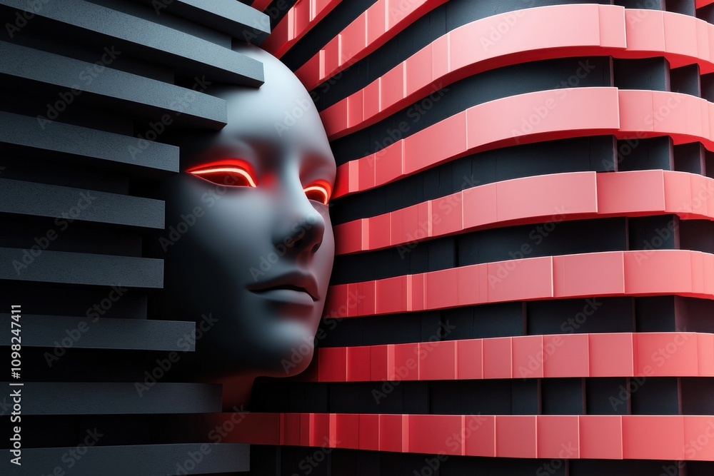 Poster a futuristic, abstract face emerges from layered structures, illuminated by striking red lines, symb