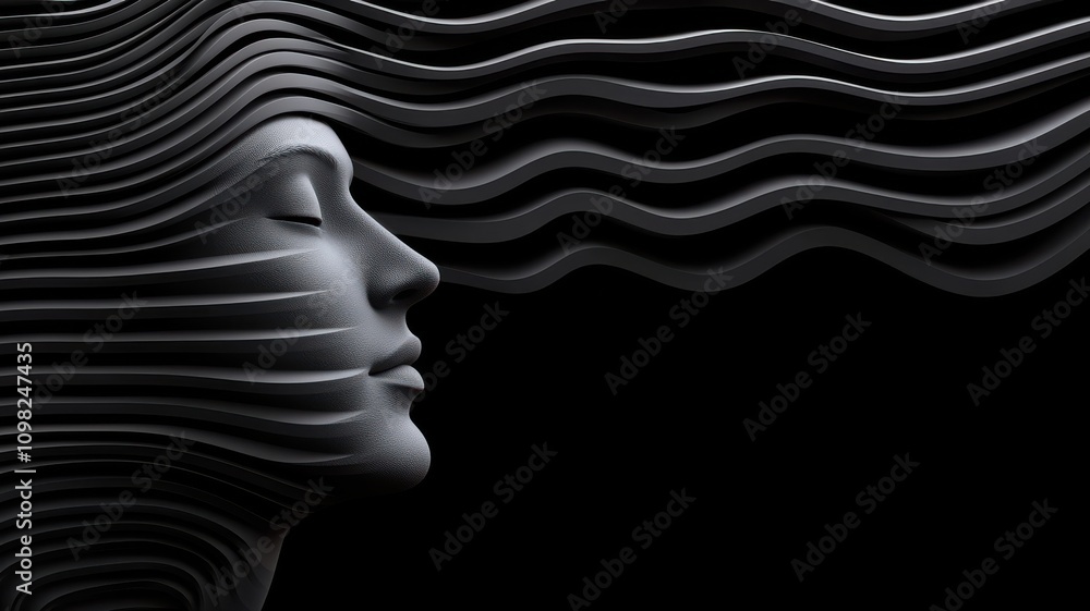 Poster a stylized profile of a woman's face, featuring flowing lines that create a dynamic, abstract repres