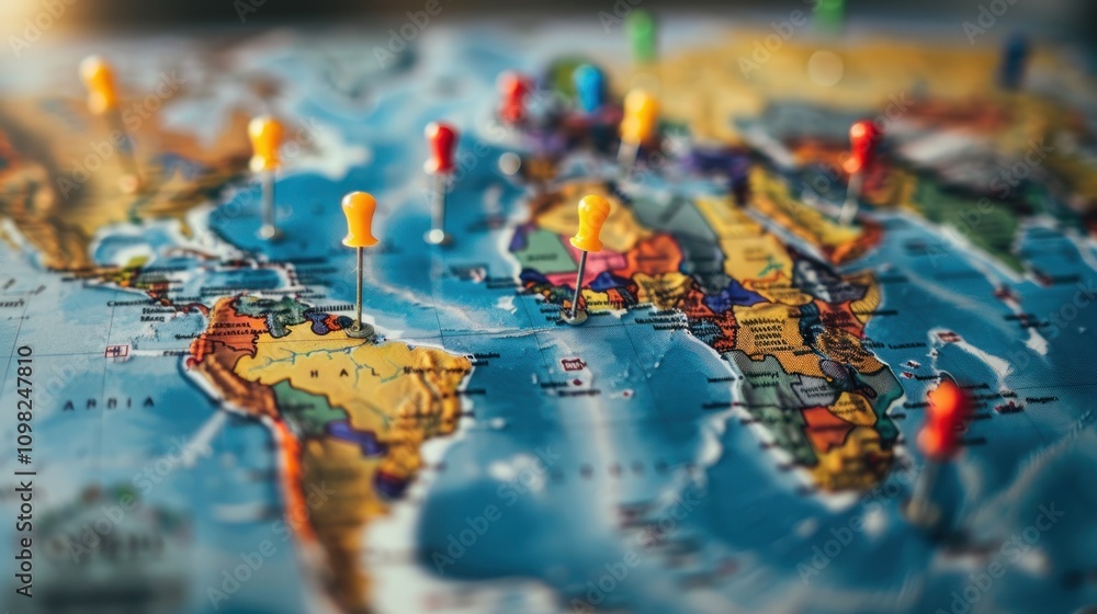 Poster a close-up of a world map with colorful pins marking various locations.