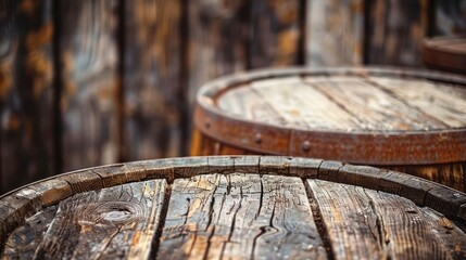 Fototapeta premium Close-up of rustic wooden barrels against a weathered backdrop.