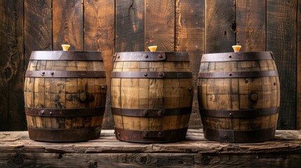 Fototapeta premium Three wooden barrels with metal bands displayed against a rustic wooden backdrop.