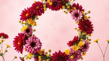Obraz premium A vibrant wreath of red, pink, and yellow flowers arranged in a circular pattern, forming a frame against a soft pink background.