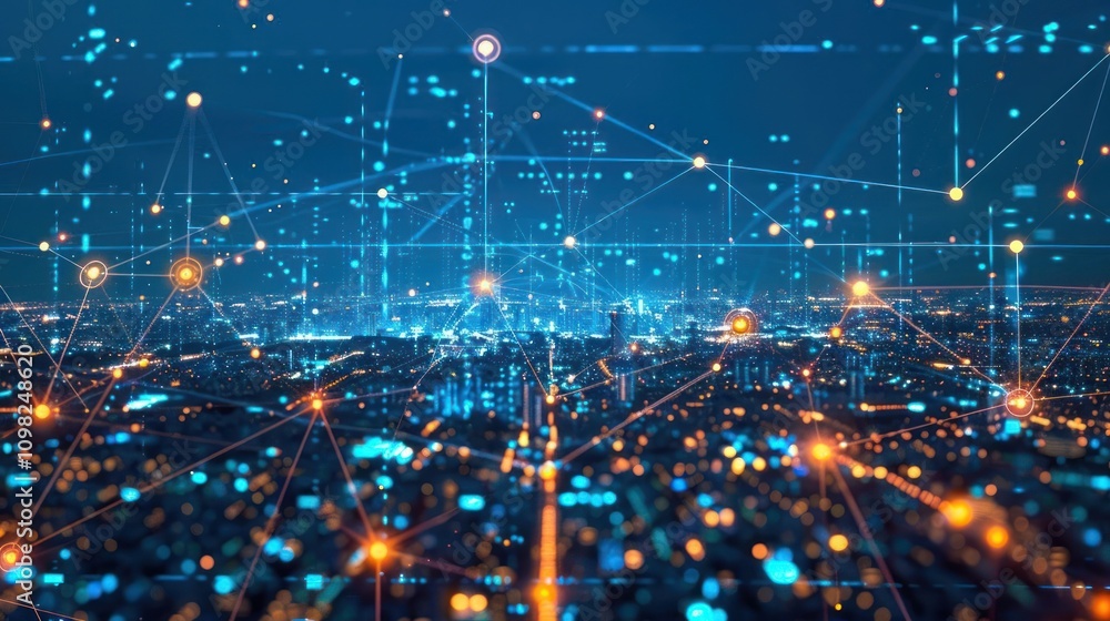 Poster a digital cityscape with interconnected nodes and vibrant data streams.