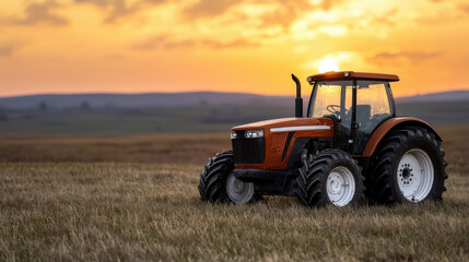 Fototapeta premium Agriculture Debt Concept, Unused Tractor in Field at Sunset with Rising Debt Implications