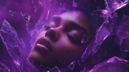 Obraz premium Purple Haze: A Woman's Face Surrounded by Shattered Glass