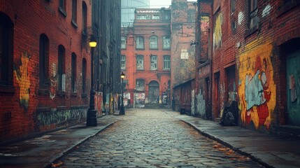 Naklejka premium Misty Urban Alley: A Cobblestone Path Through Graffiti-Adorned Brick Buildings
